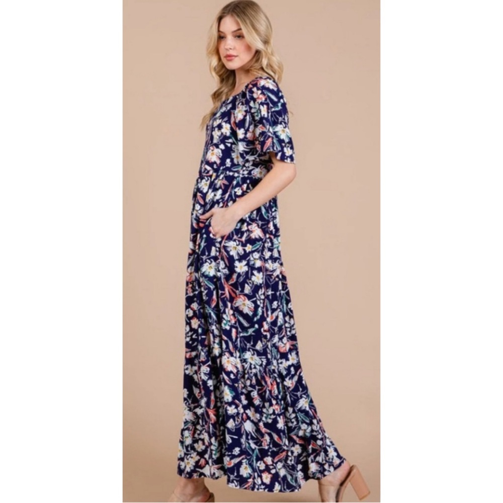 NEW Ces Femme Navy Floral Flutter Sleeve On or Off Shoulder Maxi Dress! - Picture 2 of 8